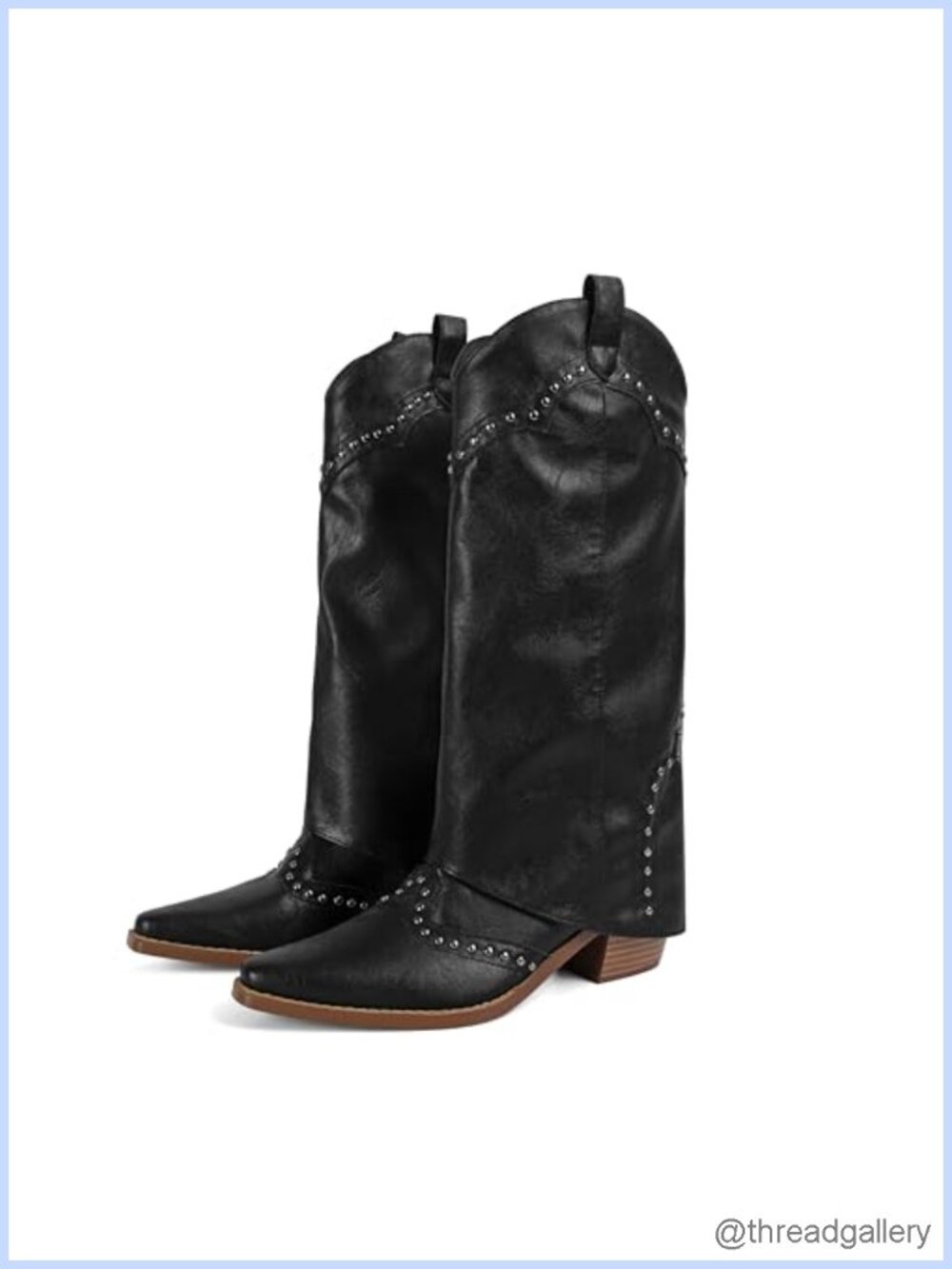 Studded Fold Over Mid Calf Western Boots Chunky Heel Snip Toe Pull On